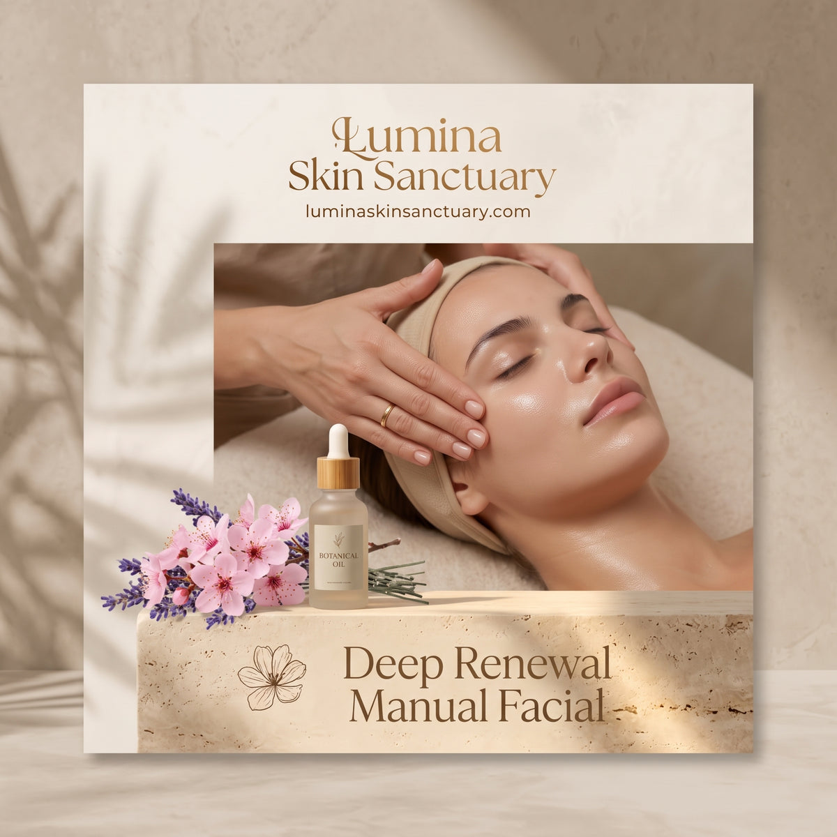 Deep Renewal Manual Facial service card with a woman receiving a facial massage beside a serum bottle with pink blossoms and lavender at Lumina Skin Sanctuary in Fort Myers, FL