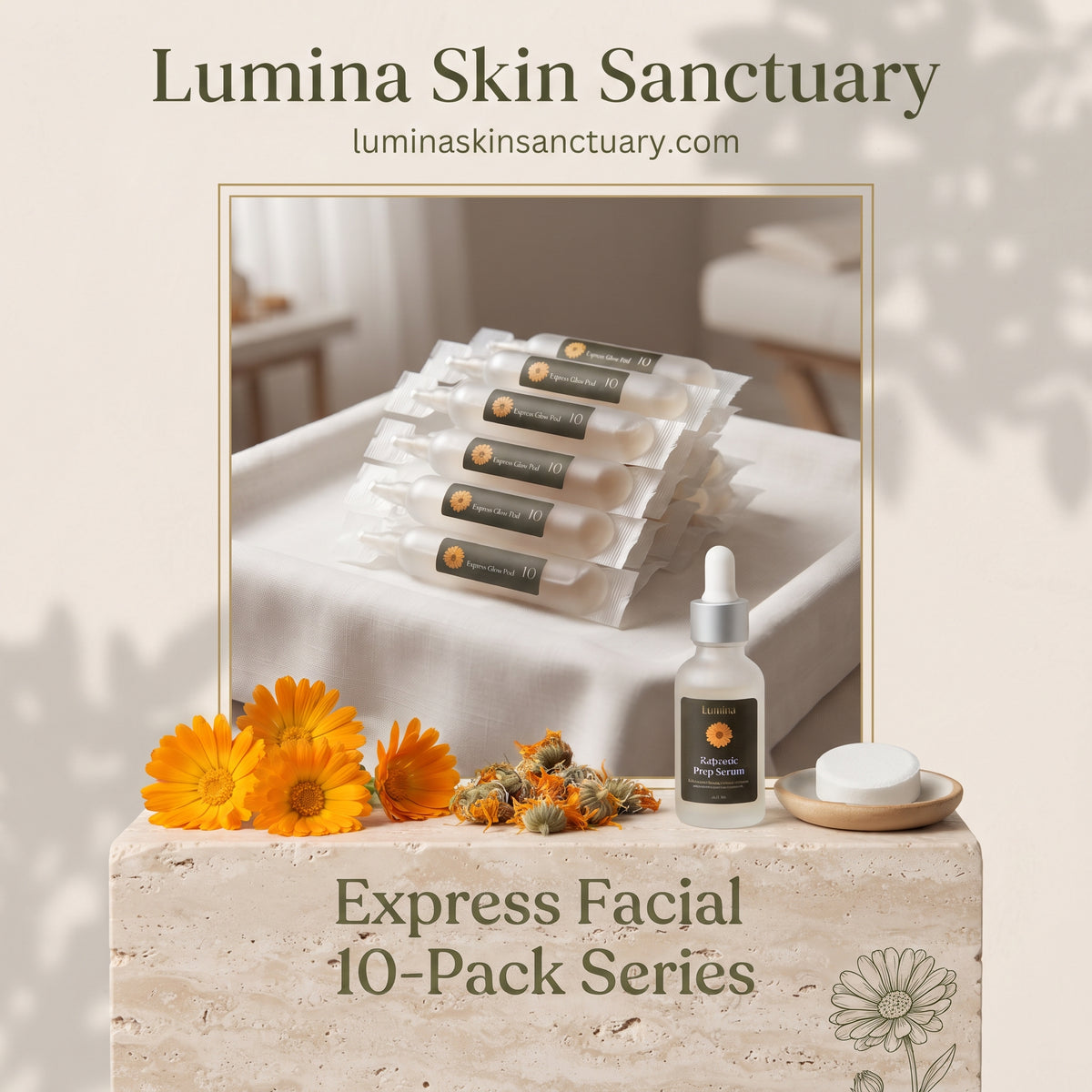 Express Facial 10-Pack Series card featuring a stack of treatment ampoules, calendula flowers, and serum at Lumina Skin Sanctuary.
