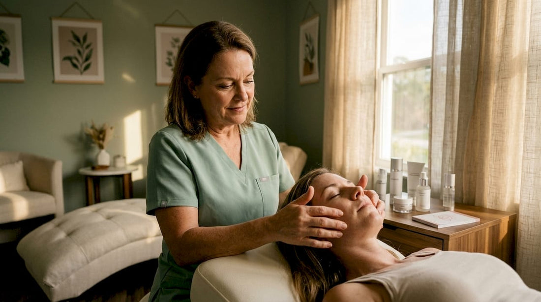 Esthetician assessing client’s facial skin