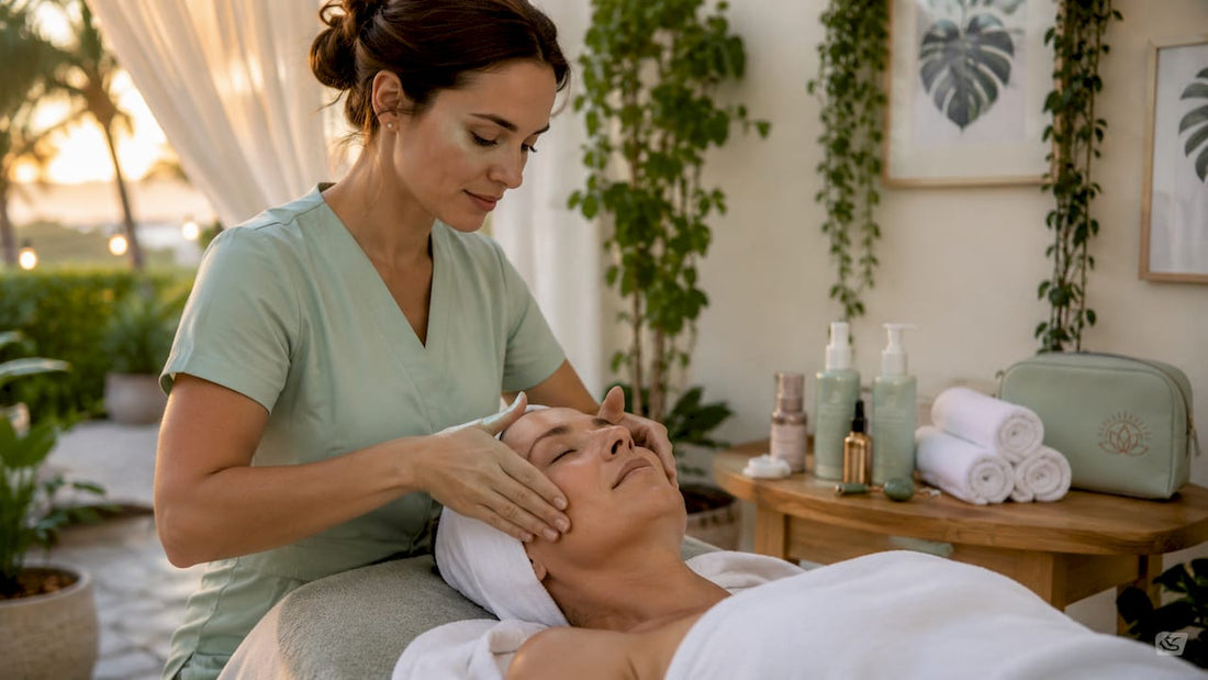 Esthetician performing facial massage on client