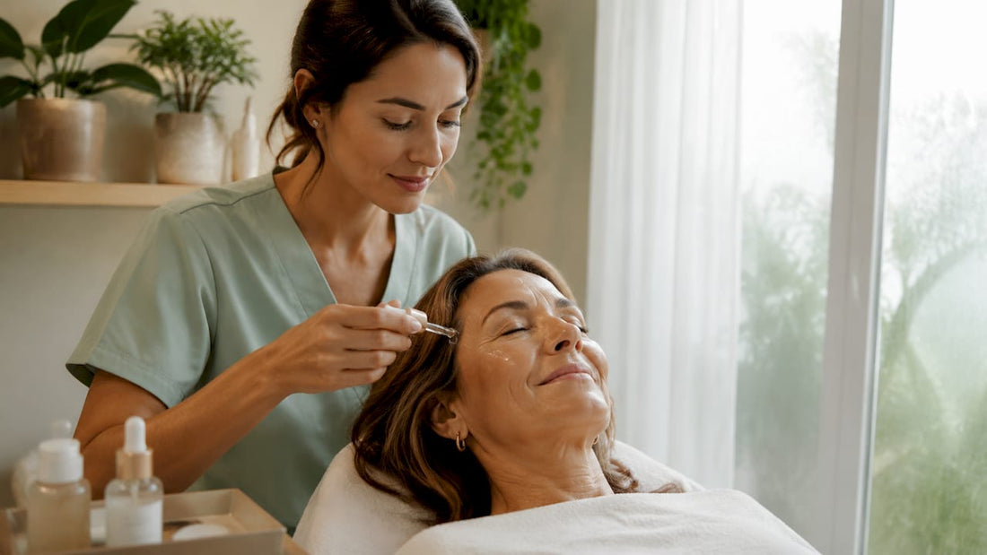 Esthetician applying facial serum in spa treatment room