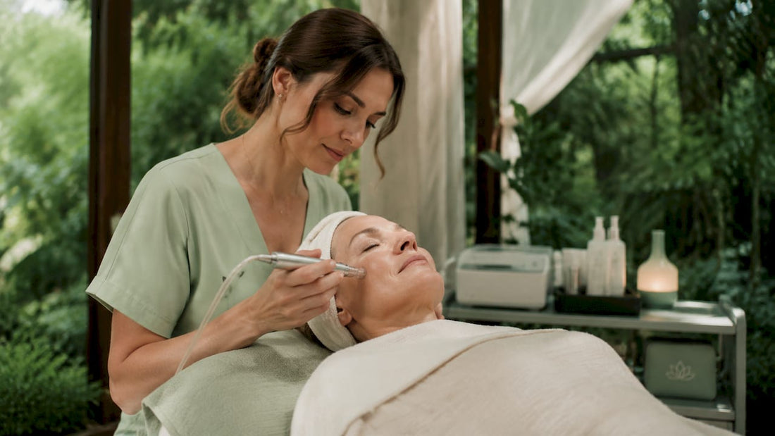 Esthetician performing glow facial treatment on female client