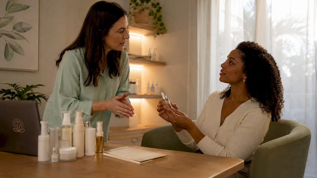 Skincare professional consulting client with medical products