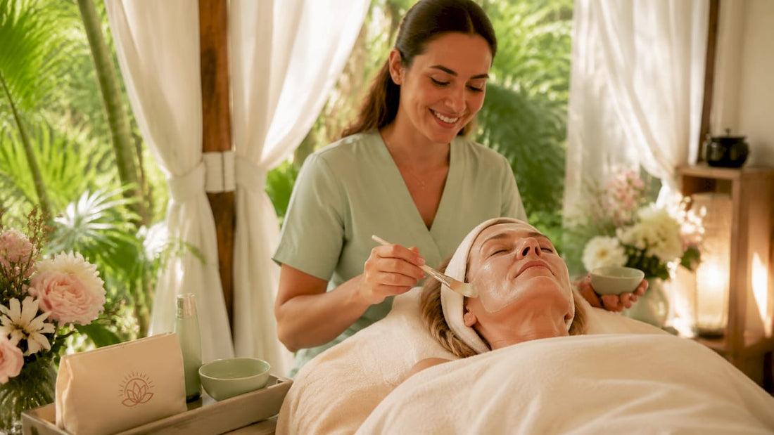 Esthetician applying facial mask on client