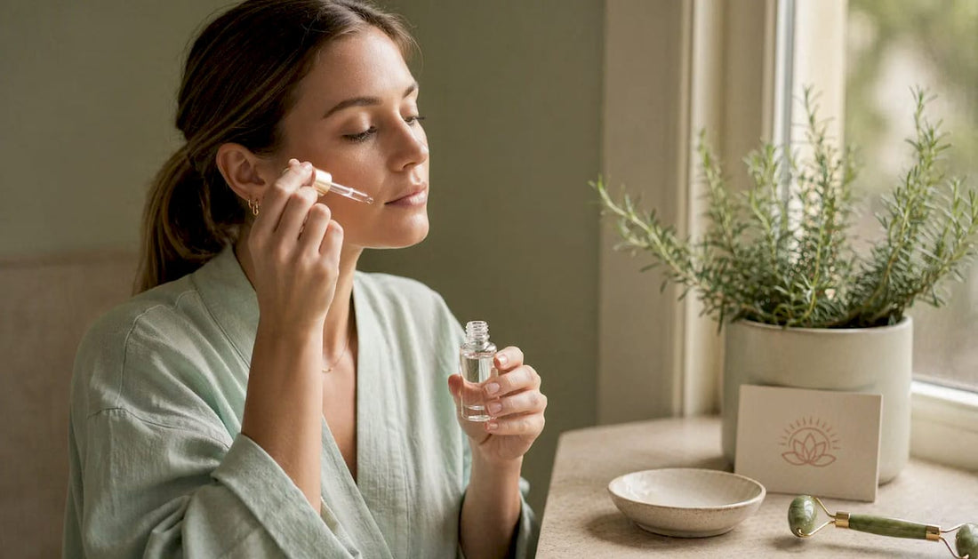 Woman applying facial serum in bathroom
