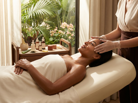 a woman receiving a professional skincare treatment in a bright Florida spa setting — warm light, tropical feel, and that same Lumina color palette