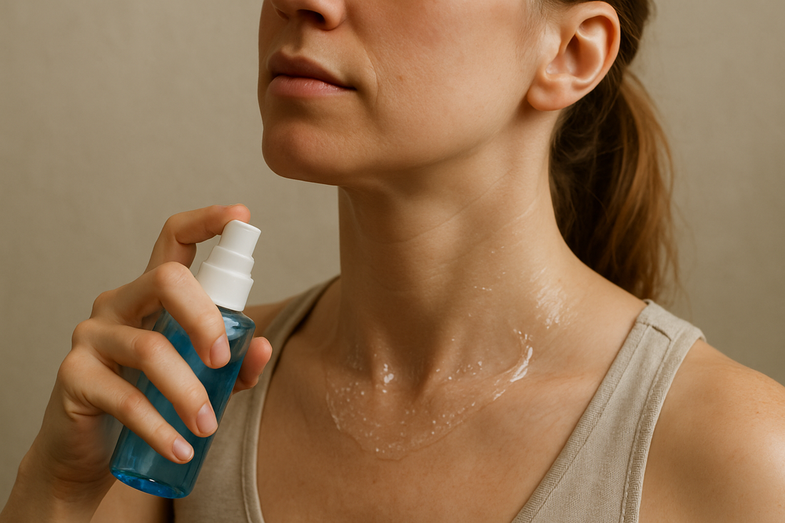 Woman applying hydrating product to her neck and décolleté as part of a Fort Myers skincare routine