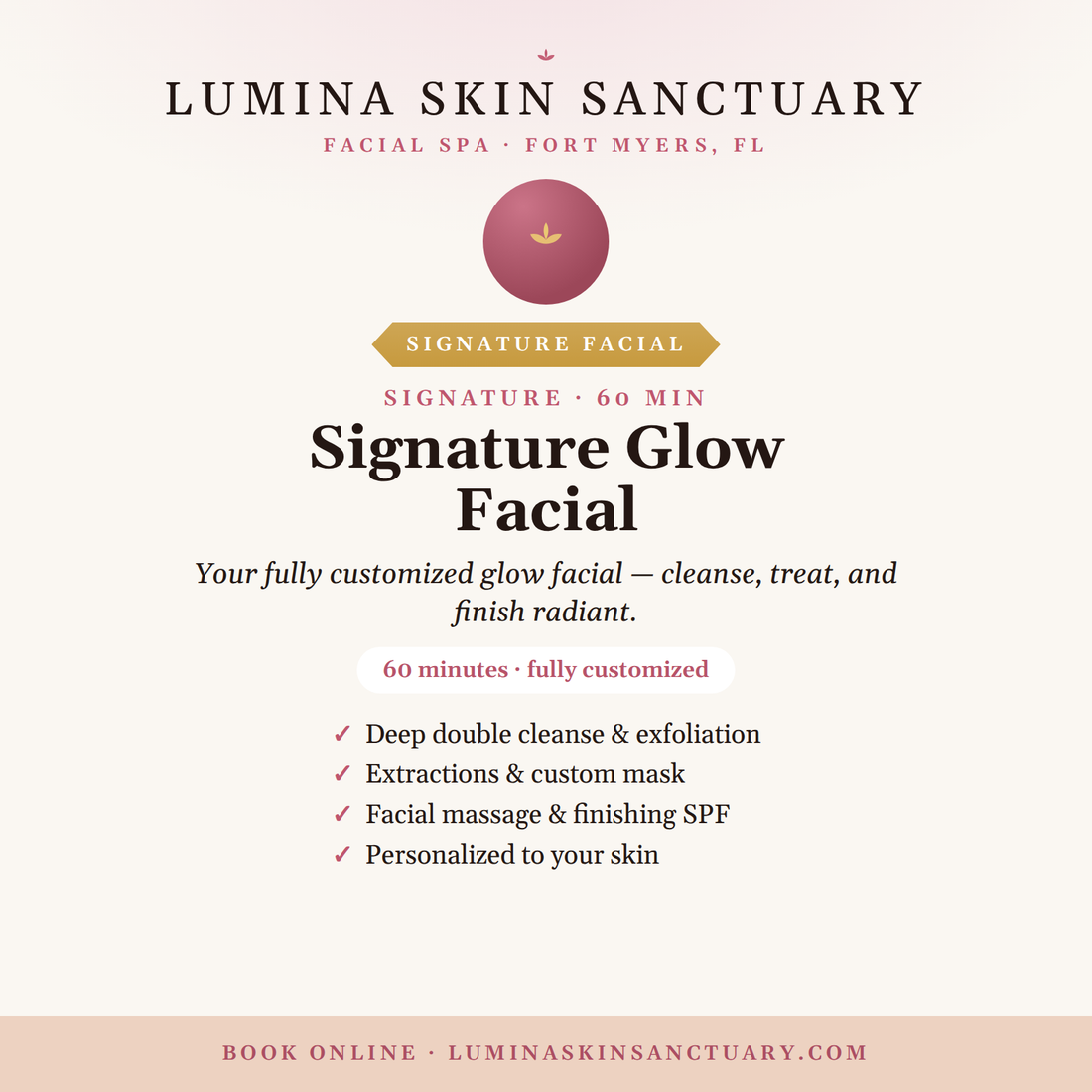 Client relaxing during a Signature Glow Facial at Lumina Skin Sanctuary in Fort Myers, FL — every visit earns Lumina Loyalty rewards points