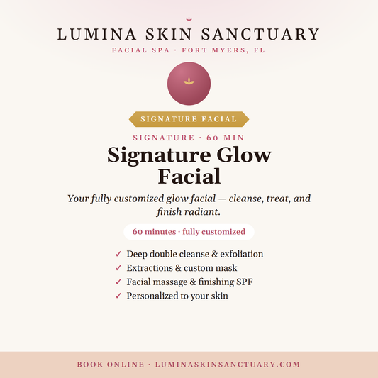 Client relaxing during a Signature Glow Facial at Lumina Skin Sanctuary in Fort Myers, FL — every visit earns Lumina Loyalty rewards points