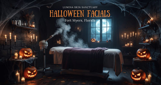 Haunted-style Halloween facial room at Lumina Skin Sanctuary in Fort Myers with jack-o-lanterns, candles, steam and a full moon