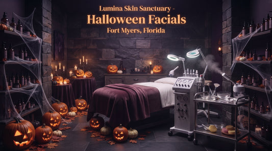 Halloween facials in Fort Myers, Florida: a candlelit spa room with cobwebs, jack-o-lanterns and a steaming facial machine