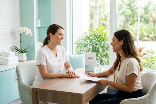 Esthetician welcoming a first-time client before a Hydra Spa facial in Fort Myers