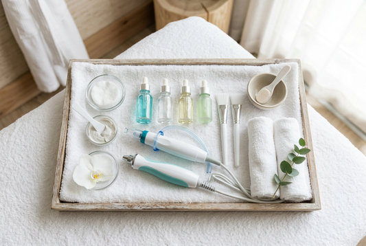 Hydra Spa handpieces and serum bottles arranged on a treatment tray
