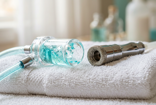 Hydro-dermabrasion tip beside a diamond microdermabrasion tip