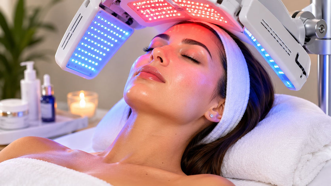 Client receiving an LED light therapy facial for calmer, clearer skin