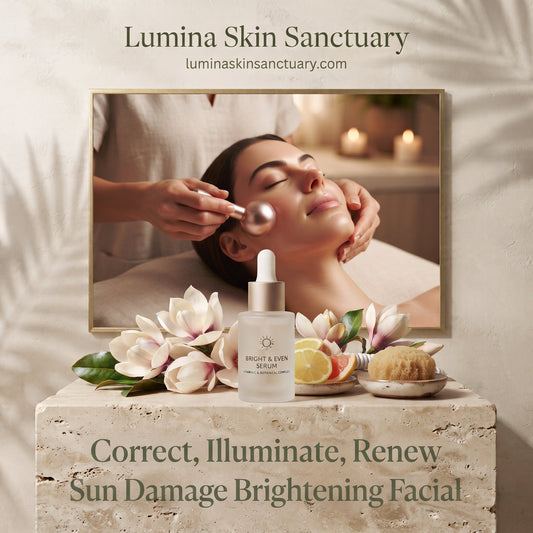 Sun-Damage Brightening Facial treatment at Lumina Skin Sanctuary, a licensed-esthetician studio in Fort Myers, FL, used to fade sunspots from beach and pool exposure