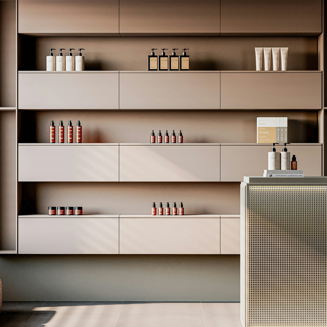 Minimalist skincare shelf display in neutral tones