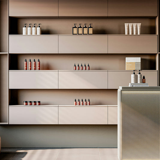 Minimalist skincare shelf display in neutral tones