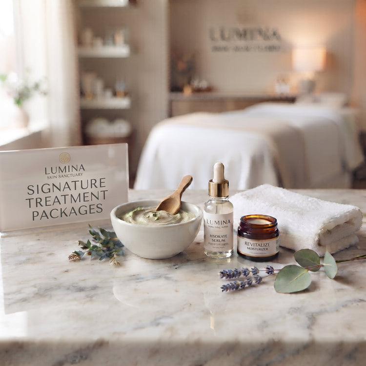Lumina sign reading Signature Treatment Packages beside a clay mask bowl, serum bottle and folded towel on a marble counter in a Fort Myers, FL facial studio