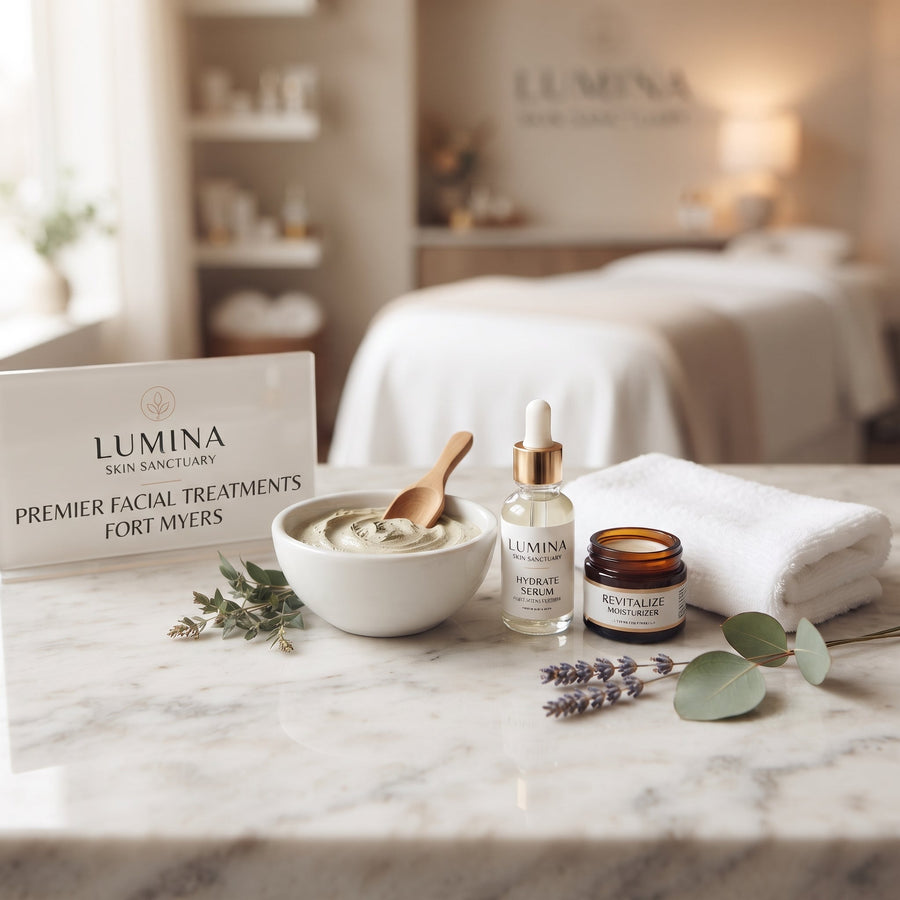 Lumina sign reading Premier Facial Treatments Fort Myers beside a clay mask bowl, serum bottle and folded towel on a marble counter in a Fort Myers, FL facial studio