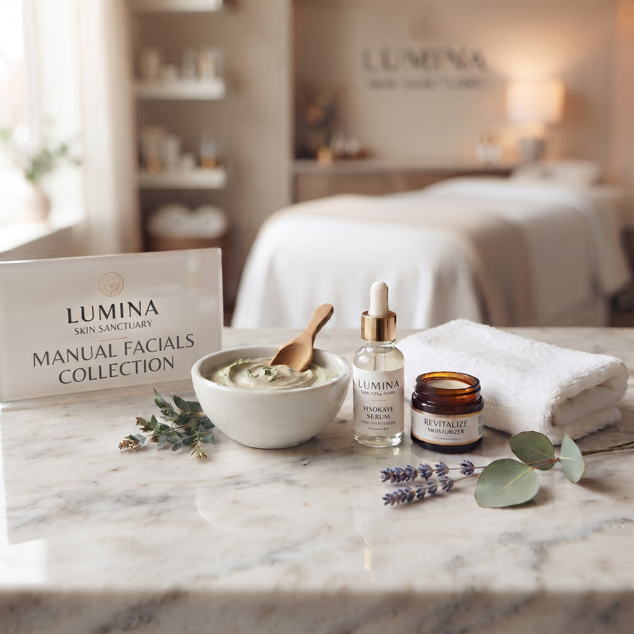 Lumina sign reading Manual Facials Collection beside a clay mask bowl, serum bottle and folded towel on a marble counter in a Fort Myers, FL facial studio