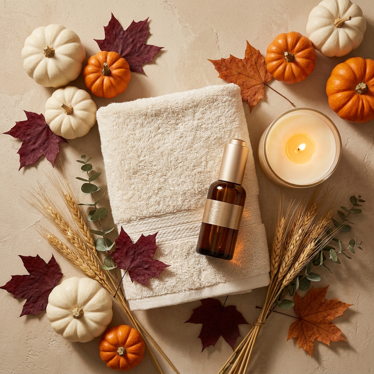 Thanksgiving facials at Lumina Skin Sanctuary in Fort Myers: a cream spa towel with pumpkins, maple leaves, wheat and candlelight