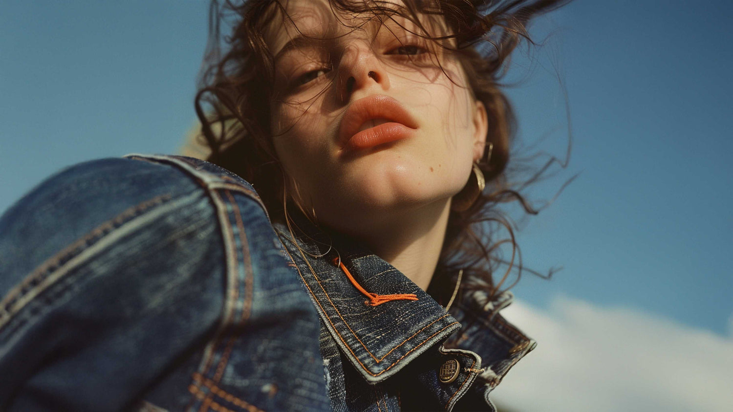 Woman in denim jacket with windblown hair under sunny sky, showcasing glowing skin