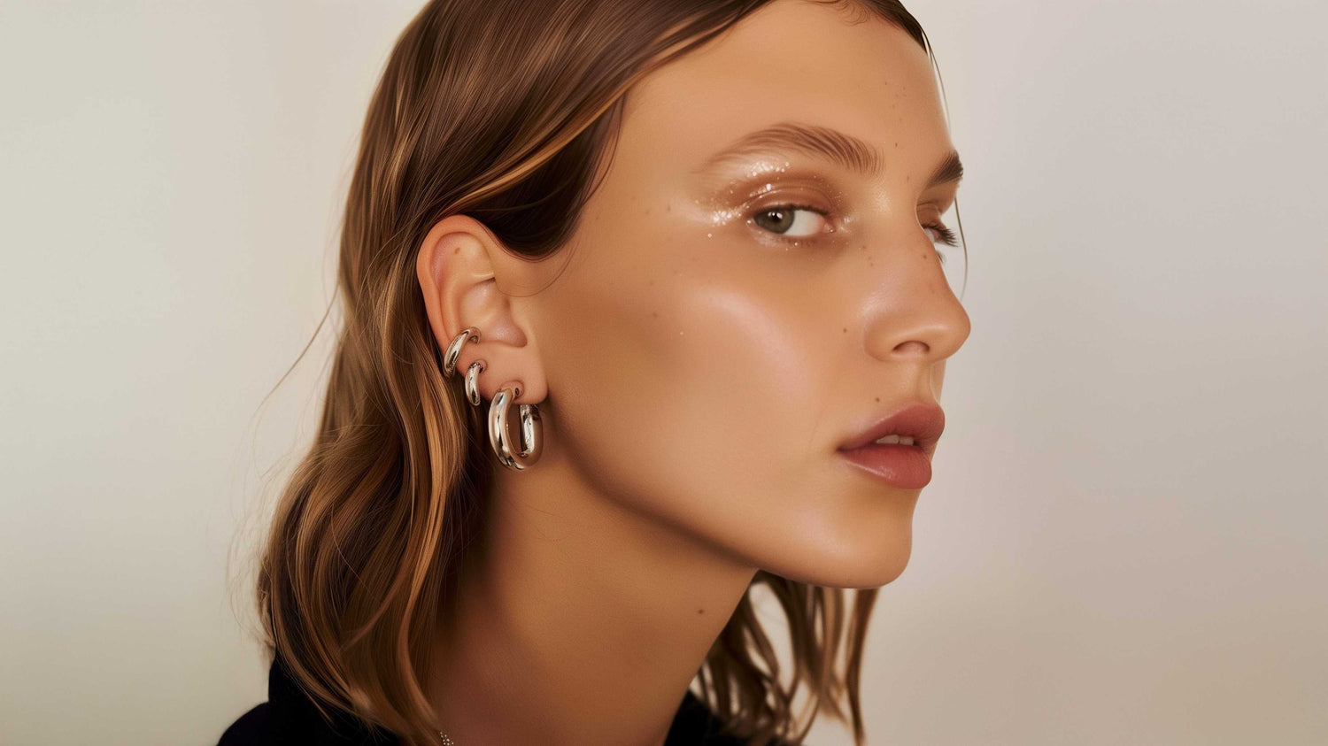 Glowing skin with dewy makeup and silver hoop earrings, showcasing radiant complexion