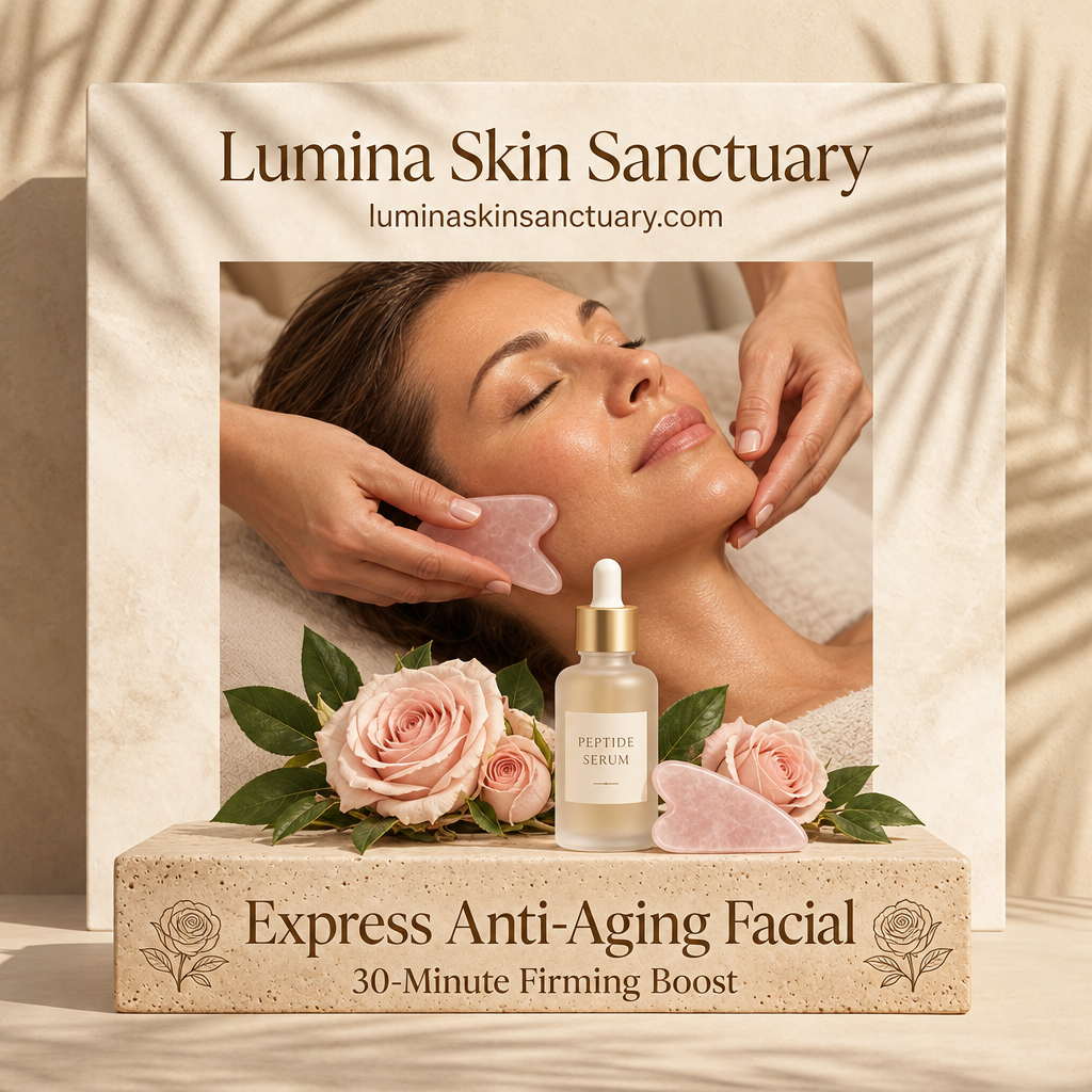 Express Anti-Aging Facial 30-minute firming boost service card showing a woman receiving a gua sha facial massage beside a serum bottle and pink roses at Lumina Skin Sanctuary in Fort Myers, FL