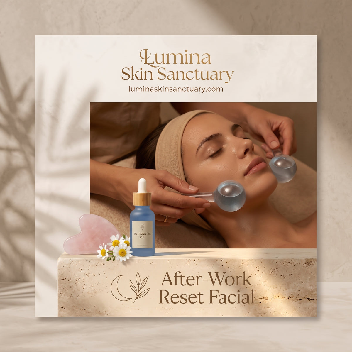 After-Work Reset Facial card showing a woman with cryo-globes massaging her face beside a serum bottle and flowers at Lumina Skin Sanctuary in Fort Myers, FL
