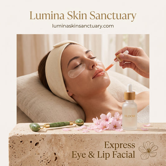 Express Eye and Lip Facial branded service card with cooling eye patches and cherry blossom petals in Fort Myers, FL.