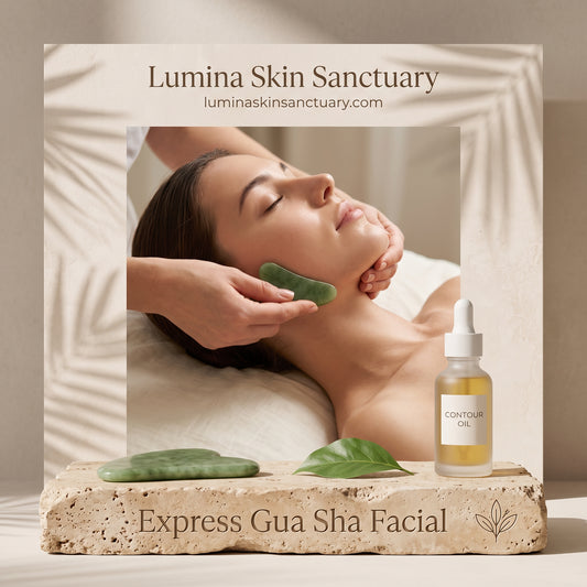 Express Gua Sha Facial branded card featuring green jade jawline sculpting tool at Lumina Skin Sanctuary Fort Myers