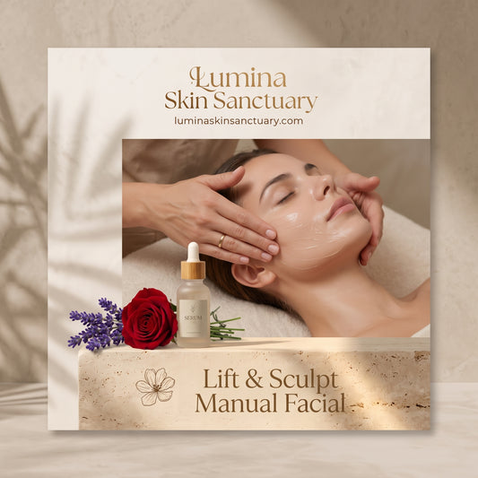 Lift & Sculpt Manual Facial service card with a woman receiving a sculpting facial massage beside a serum bottle with a red rose and lavender at Lumina Skin Sanctuary in Fort Myers, FL